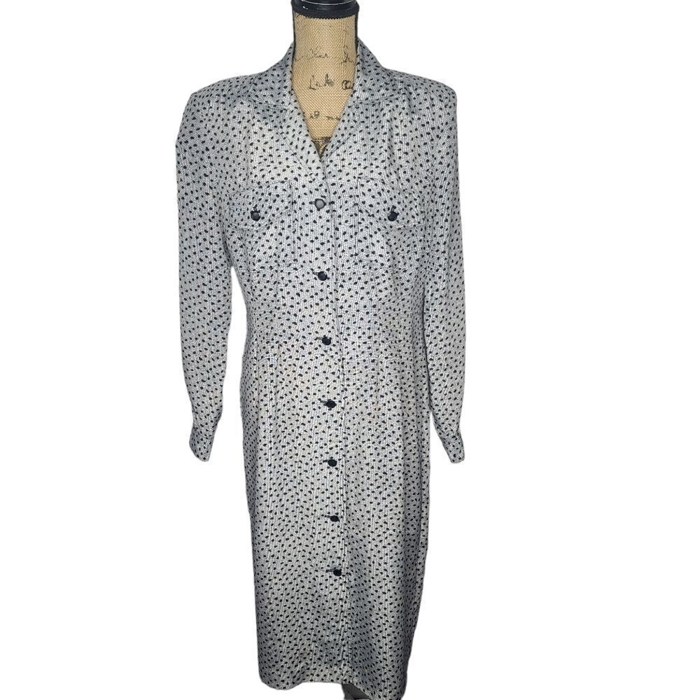 Vintage 80s 90s Gray Black Abstract Dot Long Sleeve Dress